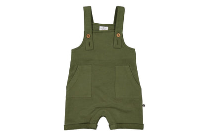 Green baby overalls on a white background