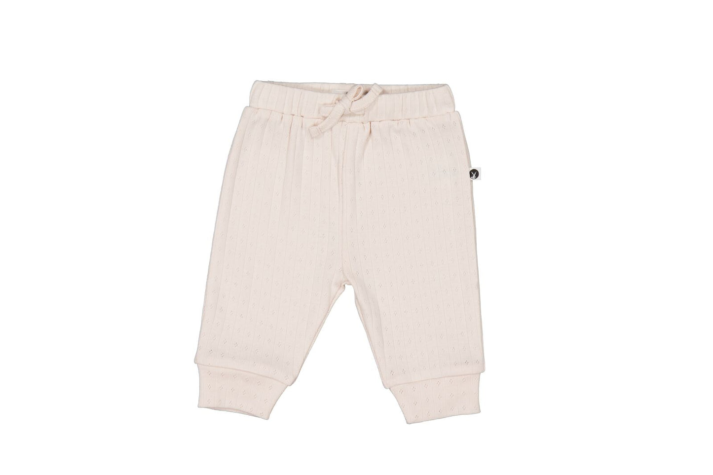 Beige baby pants with a small logo on a white background