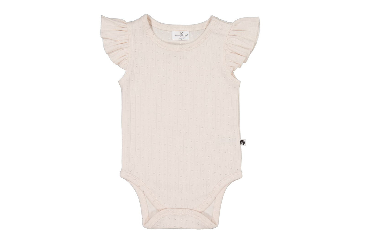 Beige baby bodysuit with ruffled sleeves on a white background