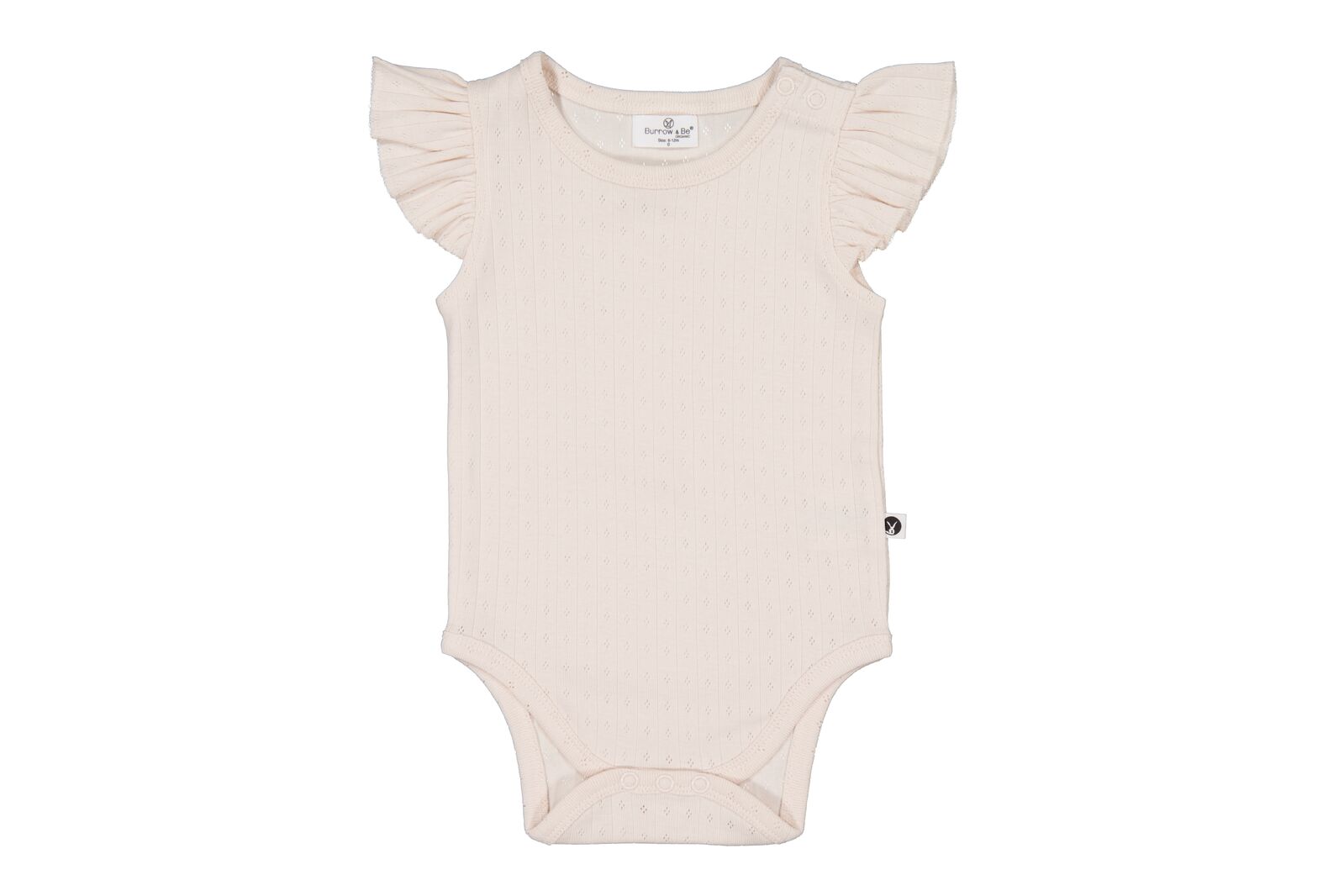 Beige baby bodysuit with ruffled sleeves on a white background