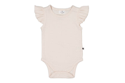 Beige baby bodysuit with ruffled sleeves on a white background