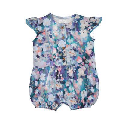 Floral-patterned baby romper on a white background