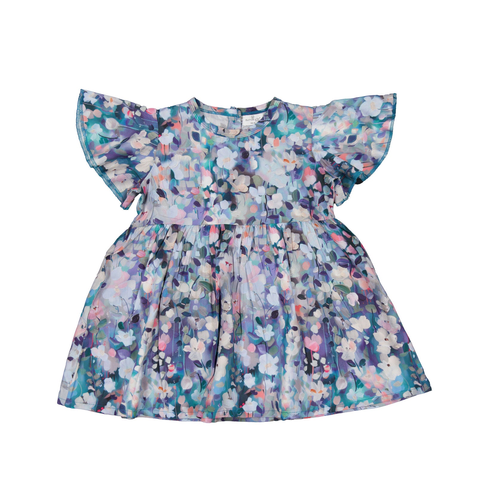 Floral dress with ruffled sleeves on a white background