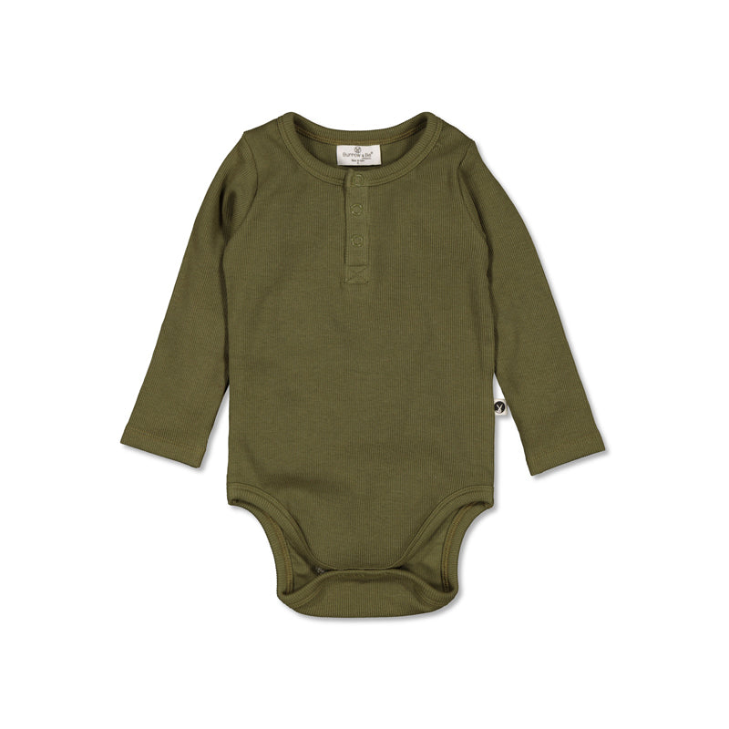 Long Sleeve Henley Rib Bodysuit in Olive, designed by Burrow and Be