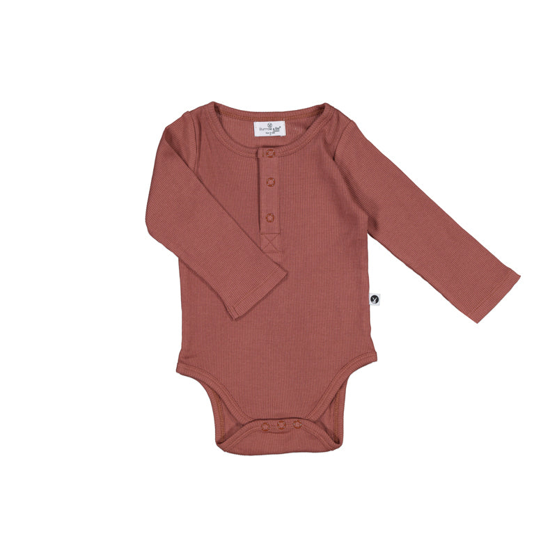 Long Sleeve Henley Rib Bodysuit in Clay, designed by Burrow and Be