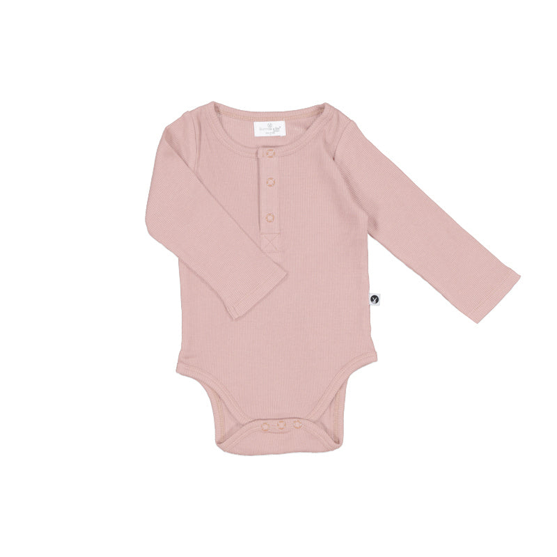 Long Sleeve Henley Rib Bodysuit in Dusty Rose, designed by Burrow and Be
