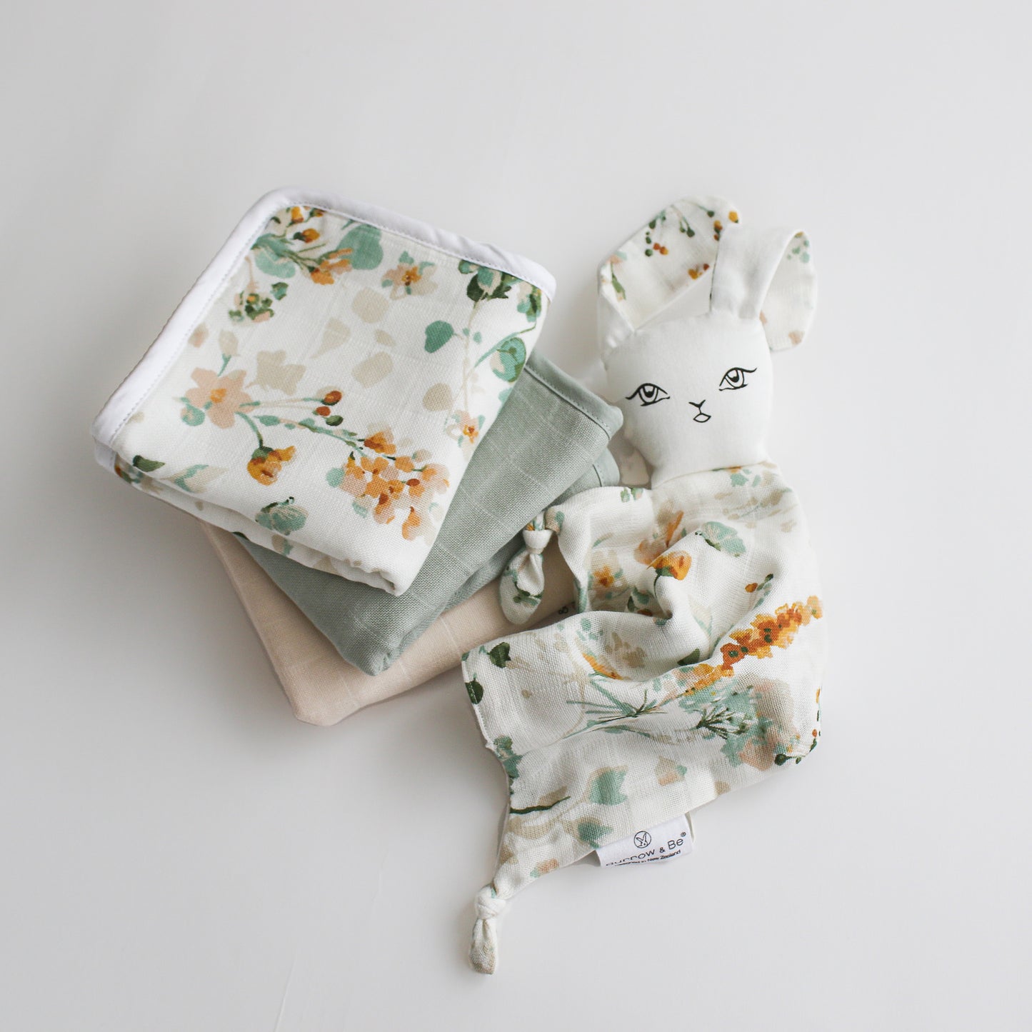 Spring Melody Wash Cloth Set and Snuggle Bunny in Spring Melody, both designed by Burrow and Be