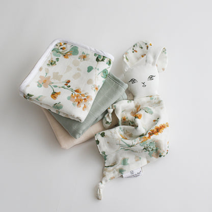 Spring Melody Wash Cloth Set and Snuggle Bunny in Spring Melody, both designed by Burrow and Be