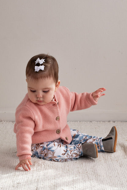Child wearing 100% Wool Cardigan Carnation by Burrow and Be