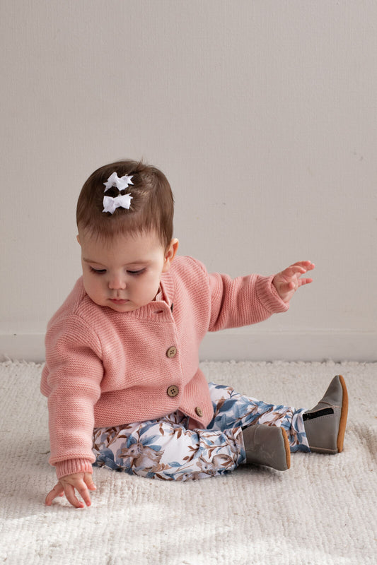Child wearing 100% Wool Cardigan Carnation by Burrow and Be
