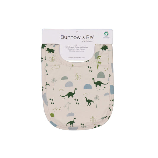 Jurassic Roam Snuggle Bib by Burrow and Be featuring earthy dinosaur print