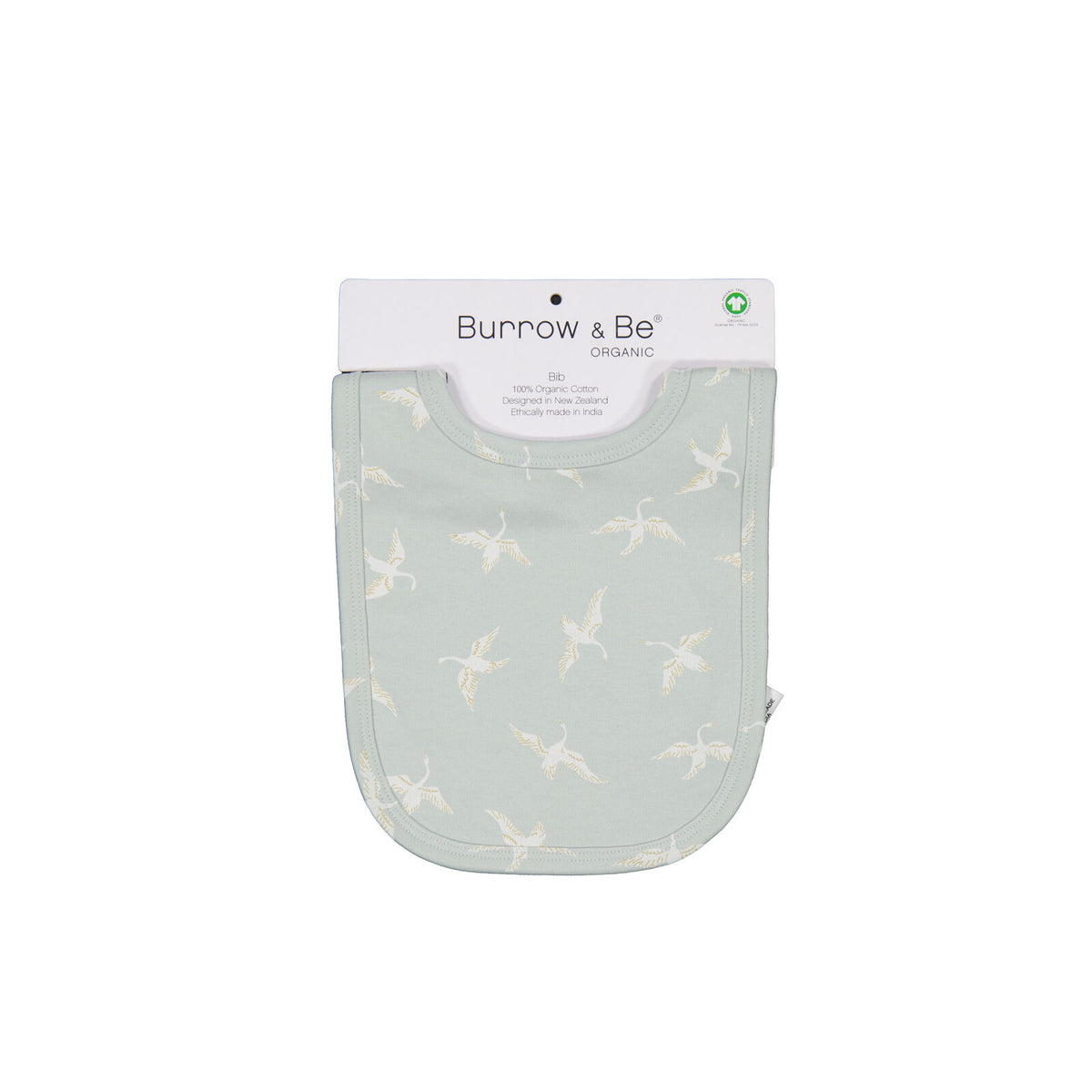 Swan Flight Snuggle Bib by Burrow and Be in its packaging