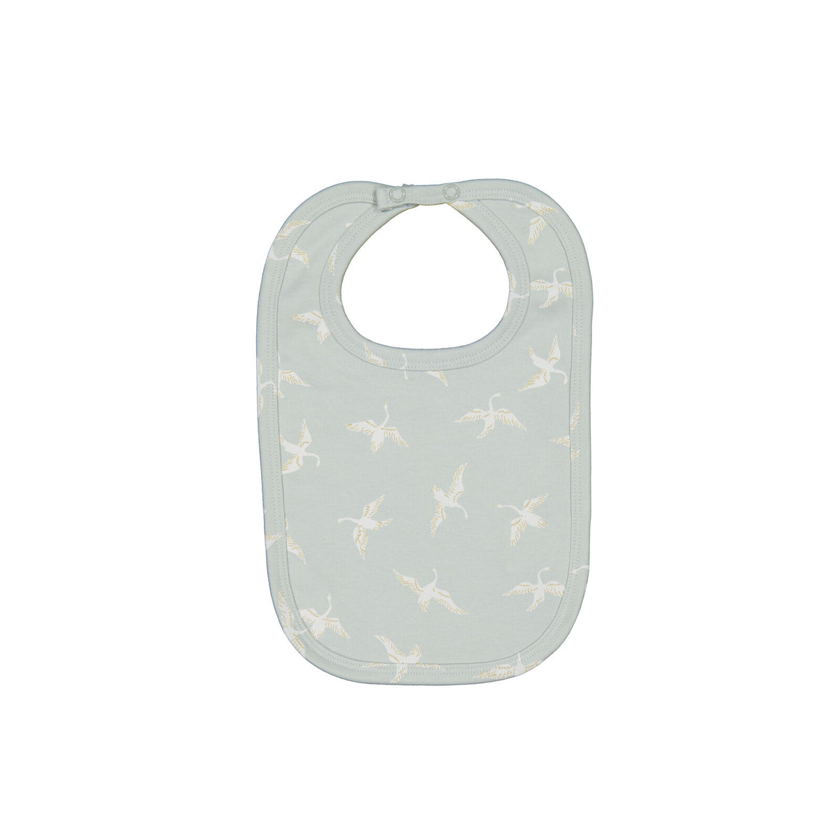Swan Flight Snuggle Bib by Burrow and Be featuring white swans on sage