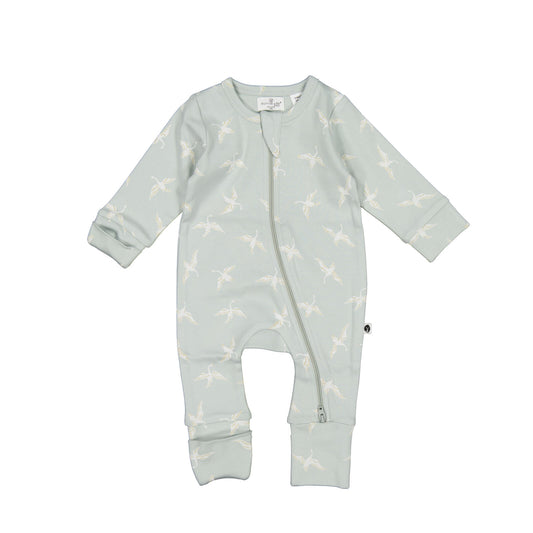 Swan Flight Long Sleeve Zip Suit by Burrow and Be featuring graceful swan print